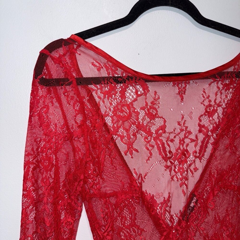 Sheer Red Lace Long-Sleeve Maxi Dress Deep V-Back By Fashion Nova Size M - Picture 2 of 7